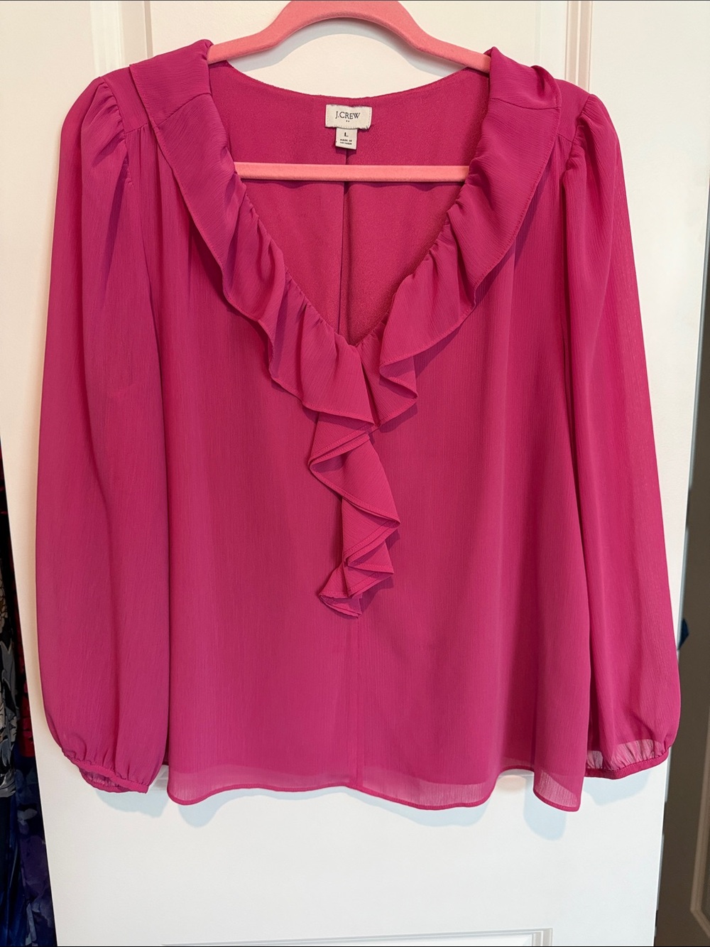 J. Crew Fuchsia Ruffle V-Neck Long-Sleeve Blouse
